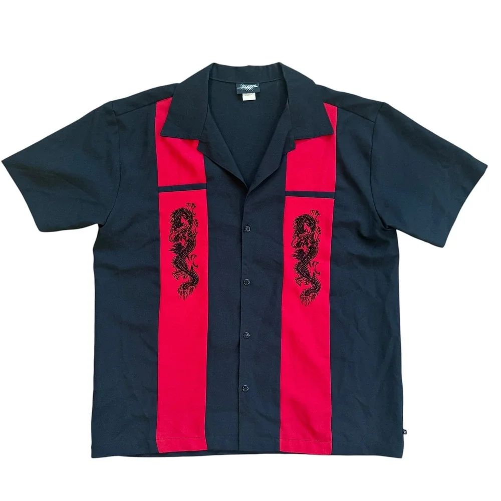 Vintage Hoax Dragon Bowling Shirt Mens Large Black Red Embroidered USA‎